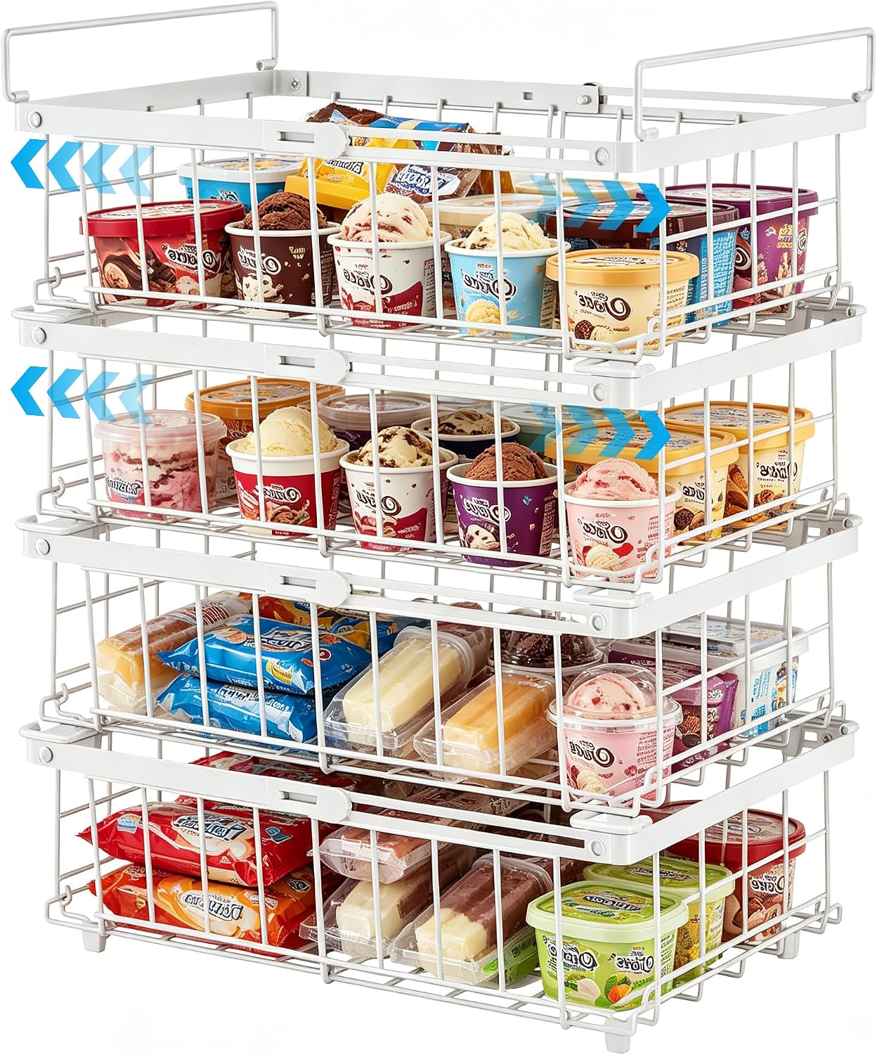 Freezer Organizer Bins 6 Pack: Wire Basket Stackable Storage Containers Expandable 11.81" to 17.72" with Foldable Handles for 5+ Cu.FT Fridge Cabinet Shelves Pantry Kitchen White