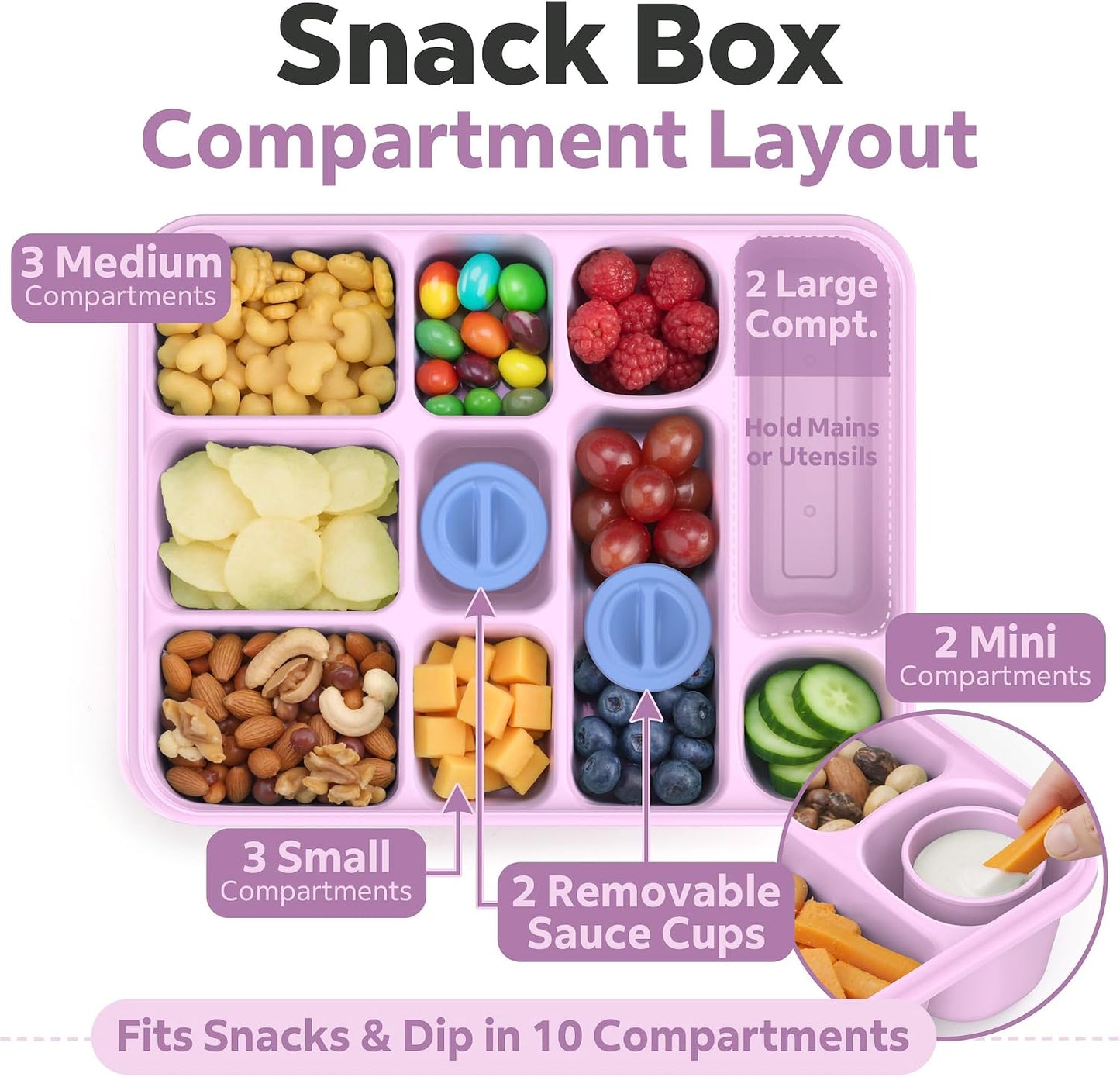 Snackle Box Container for Adults with 10 Compartment, Divided Serving Tray with Lid and Handle and 2 Sauce Containers, Portable Snack Box Container for Charcuterie Party Travel, Purple