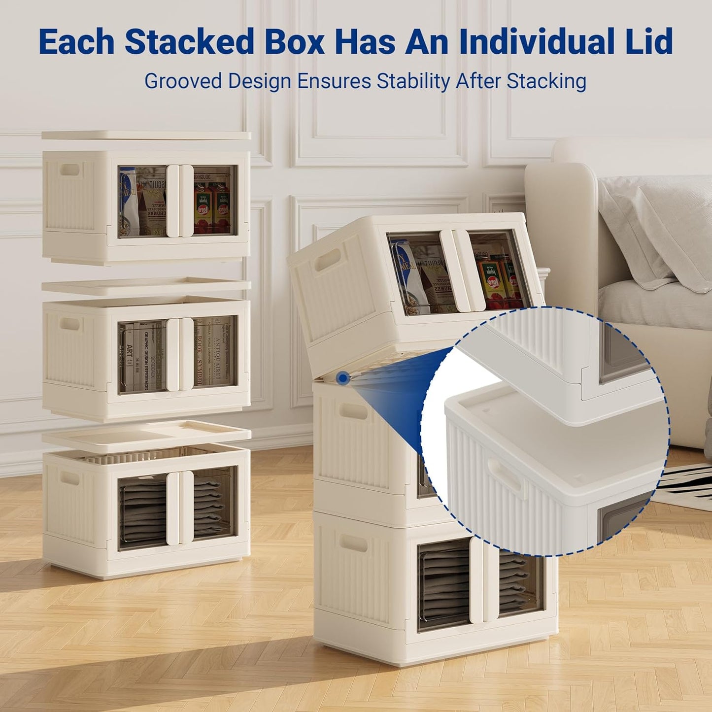 FLEXIMOUNTS 304 QT Stackable Storage Bins With Lids, Collapsible Plastic Storage Bins, Closet Organizers and Storage Containers with Doors and Built-in Wheels For Home, 4 Pack Cubes, Black