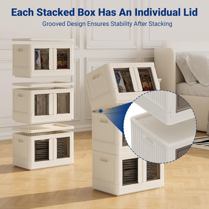 FLEXIMOUNTS 304 QT Stackable Storage Bins With Lids, Collapsible Plastic Storage Bins, Closet Organizers and Storage Containers with Doors and Built-in Wheels For Home, 4 Pack Cubes, Black