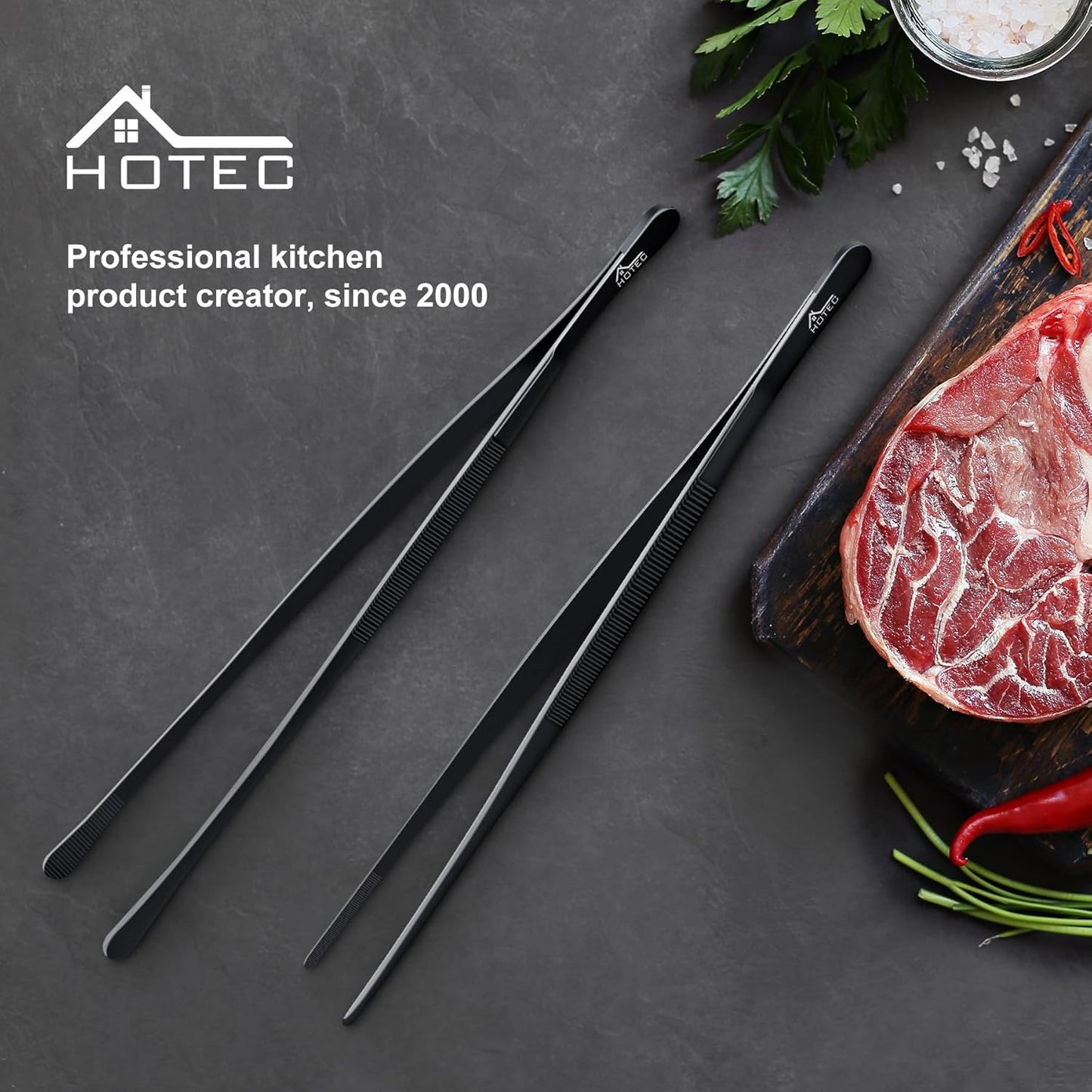 HOTEC Kitchen Tweezers Tongs Stainless Steel Professional Chef Tweezers, Set of 3-6.3", 10" and 12inch Food Tongs for Cooking, Repairing, Dessert, BBQ, Meat, Pasta