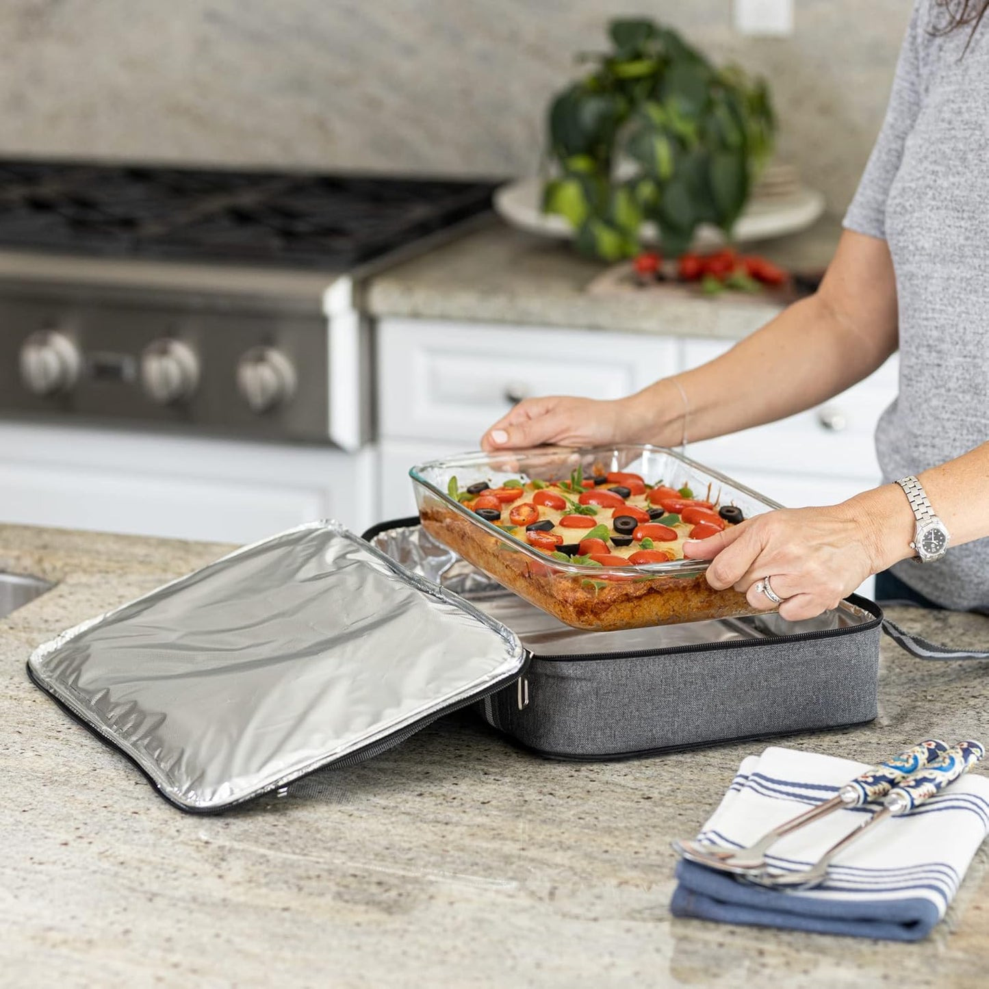 Stack Store Plus More Insulated Casserole Carrier for Hot or Cold Food, Lasagna Holder for Picnic, Potluck, Cookout - Fits 9” x 13” and 11” x 15” Baking Dish – Expandable Double Thermal Bag in Gray