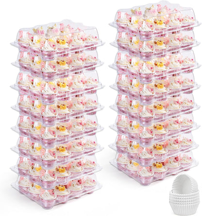 LotFancy (12 Count x 12 Sets) Cupcake Containers with 144 Liners, Thick Plastic Cupcake Boxes Holders, BPA Free, Disposable Cupcake Carrier with Detachable Tall Dome Lid