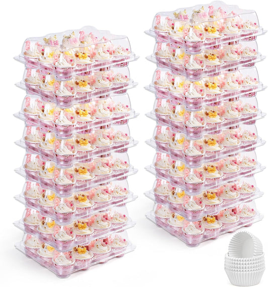 LotFancy (12 Count x 12 Sets) Cupcake Containers with 144 Liners, Thick Plastic Cupcake Boxes Holders, BPA Free, Disposable Cupcake Carrier with Detachable Tall Dome Lid