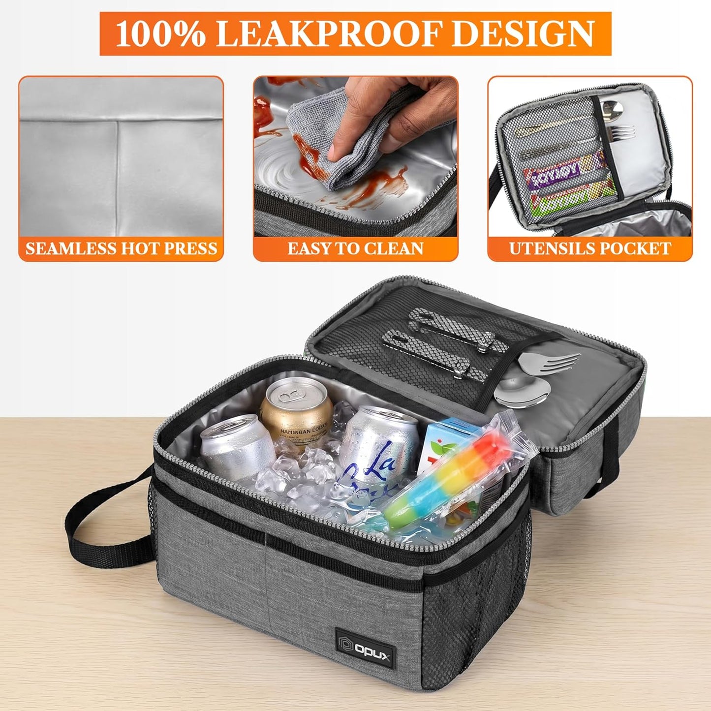 opux Insulated Lunch Bag for Men Women, Double Decker Leakproof Lunch Box Cooler Tote with Shoulder Strap, Large Lunchbox for Work School Travel Meal Prep, Adults Kids Boys Girls, Green, 16 Cans
