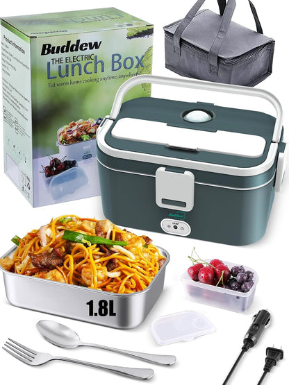 Buddew Electric Lunch Box for Adults, 80W Heated Lunch Box 1.8L Stainless Steel Portable Food Warmer,12/24/110V Lonchera Electrica Portatil for Travel & Work, Loncheras para Hombres de Trabajo