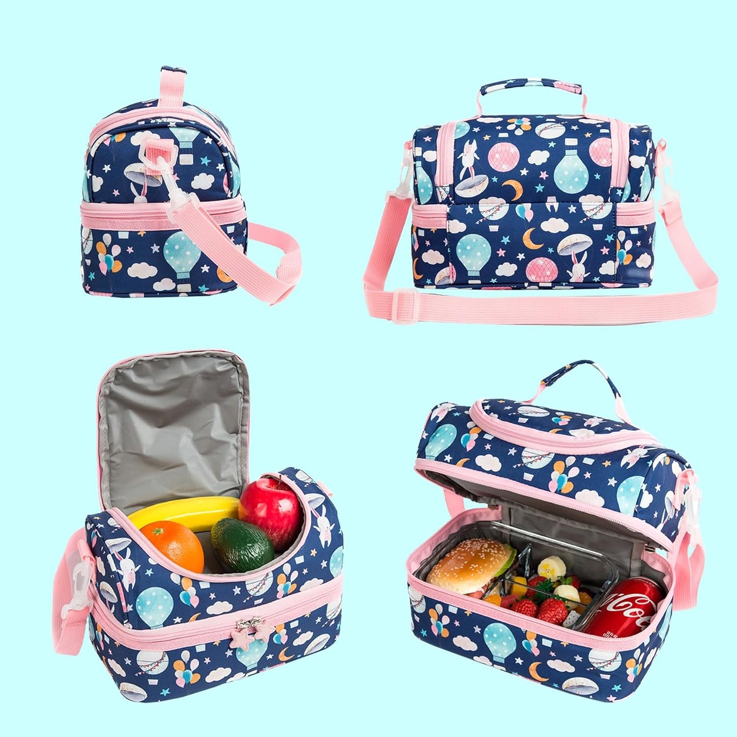 Insulated Kids Dual Compartment Lunch Bags Tote for Girls Boys Toddler School Picnic Food Cooler Thermal with Strap Lunch Boxes Blue Unicorn