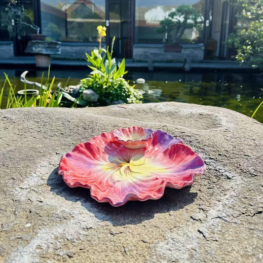 11 Inch Ceramic Chip & Dip Serving Tray | Double Layer Hand-Painted Coral Pansy Plate | Divided Appetizer Platter for Salsa, Veggies & Snacks