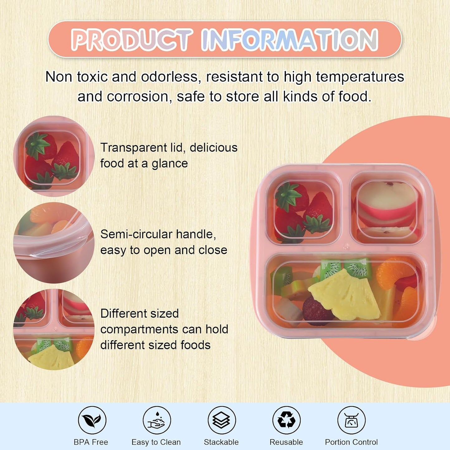 Honeydak 5 Pack Snack Containers 3 Compartment Bento Snack Boxes Divided Meal Prep Containers with Lids Reusable Adults Lunch Food Storage Box for School Work Travel(Elderberry)