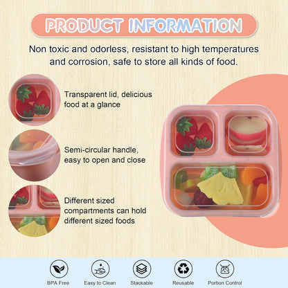 Honeydak 5 Pack Snack Containers 3 Compartment Bento Snack Boxes Divided Meal Prep Containers with Lids Reusable Adults Lunch Food Storage Box for School Work Travel(Elderberry)