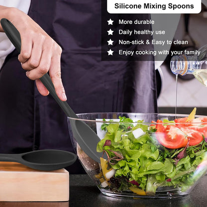 E-far Silicone Cooking Spoon Set of 2, Heat Resistant Kitchen Spoons Utensils Nonstick Mixing Spoon for Baking Stirring Serving, Non-Toxic & Dishwasher Safe (Black)