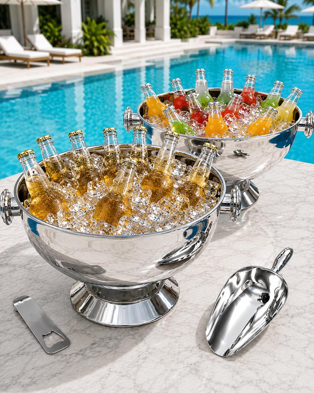 Extra Large Stainless Steel Ice Bucket for Parties, Heavy Duty Beverage Tub with Handles, Leakproof Welded Base, Polished Finish Beer & Wine Cooler, Includes Ice Scoop & Bottle Opener