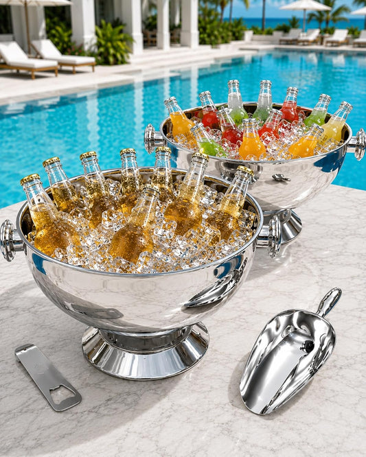 Extra Large Stainless Steel Ice Bucket for Parties, Heavy Duty Beverage Tub with Handles, Leakproof Welded Base, Polished Finish Beer & Wine Cooler, Includes Ice Scoop & Bottle Opener