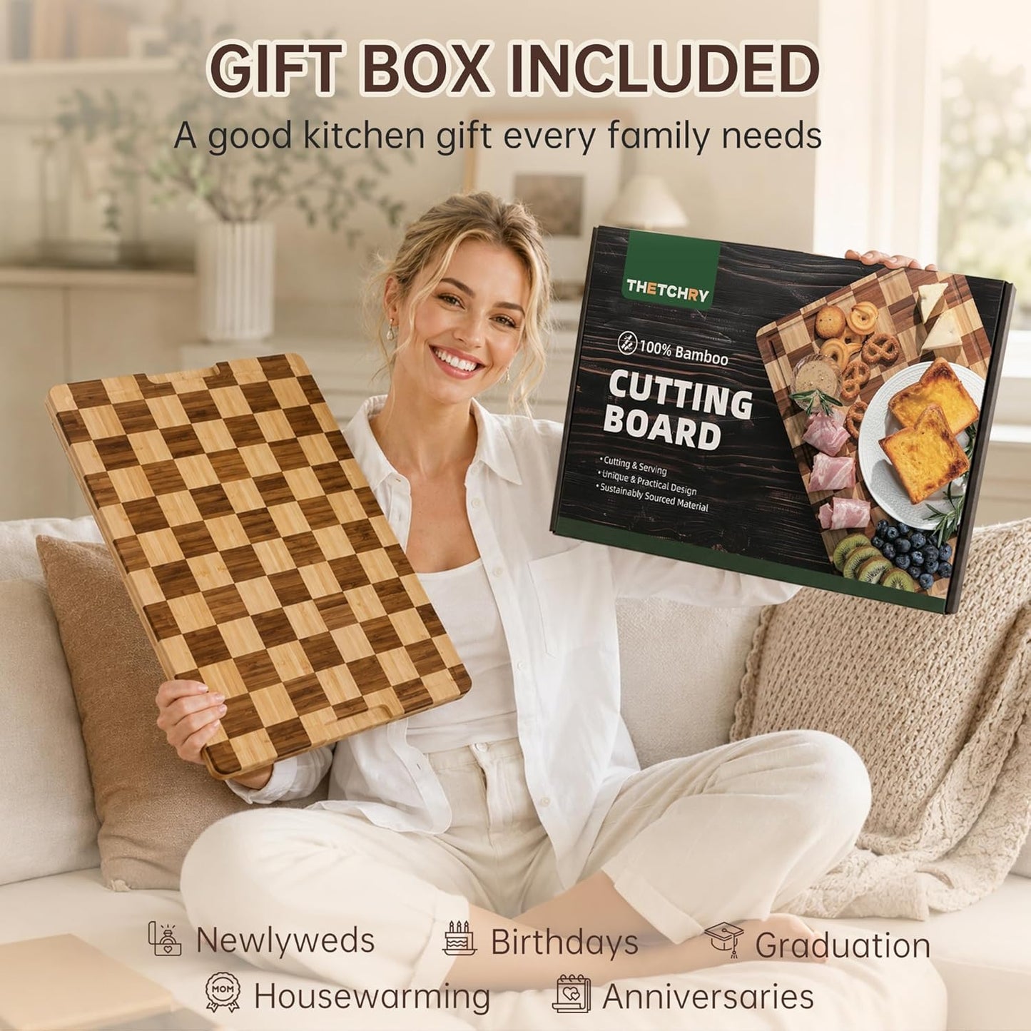 THETCHRY Bamboo Cutting Board Set, Checkered Wood Cutting Boards for Kitchen with Juice Groove, Non Toxic Wooden Charcuterie Boards, Non Slip Chopping Board for Meat Fruit Cheese, Housewarming Gift