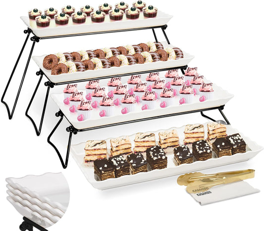 KAQAHIDO Extra Large 4 Tier Serving Tray Set, 34x22x10 inch Wave Edge Melamine Dessert Table Display Set, Tiered Trays Stand for Party Buffet Entertaining, Gold and White