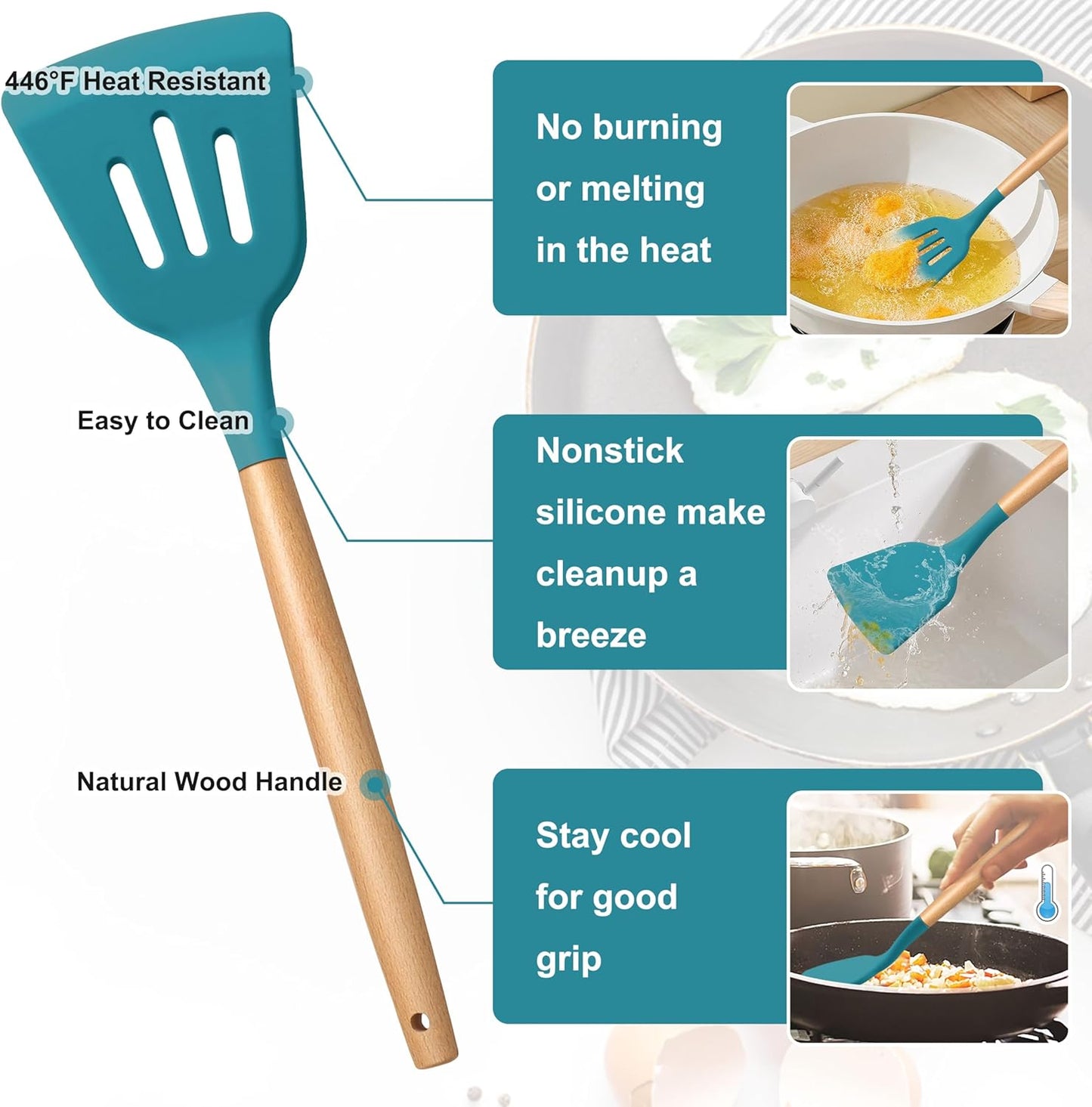 E-far Silicone Cooking Utensils Set, 5-Piece Kitchen Utensils Set with Wooden Handle for Cooking, Silicone Kitchen Nonstick Tools Spatula Turner Slotted Spoons, Nontoxic & Heat Resistant-Khaki