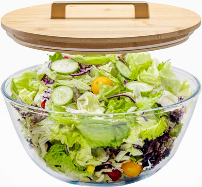 4.7Qt Large Glass Mixing Bowl with Lid, Clear Large Salad Bowls with Airtight Bamboo Lid & Handle,Thickened Glass Big Mixing Bowls Cooking Bowl for Serving, Food Prep, Kitchen,Borosilicate Glass