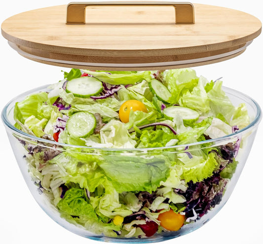4.7Qt Large Glass Mixing Bowl with Lid, Clear Large Salad Bowls with Airtight Bamboo Lid & Handle,Thickened Glass Big Mixing Bowls Cooking Bowl for Serving, Food Prep, Kitchen,Borosilicate Glass