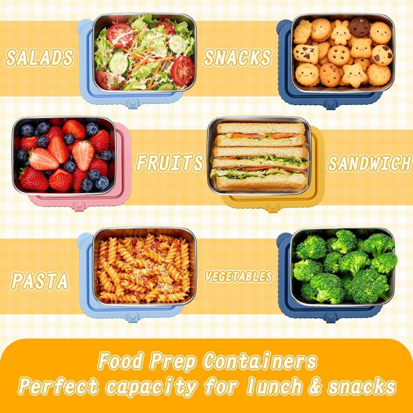 4-Pack Stainless Steel Snack Containers with Silicone Lids, 20oz Leakproof Food Storage Meal Prep Containers Reusable Metal Bento Lunch Snackle Box Container for Travel, Picnics, Office
