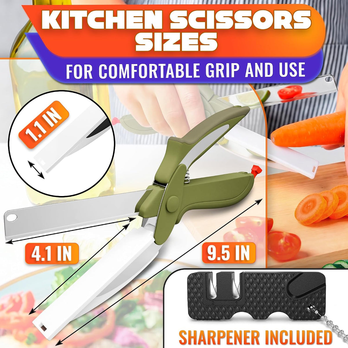 2 in 1 Kitchen Scissors for Food with Knife Sharpener (Grey)