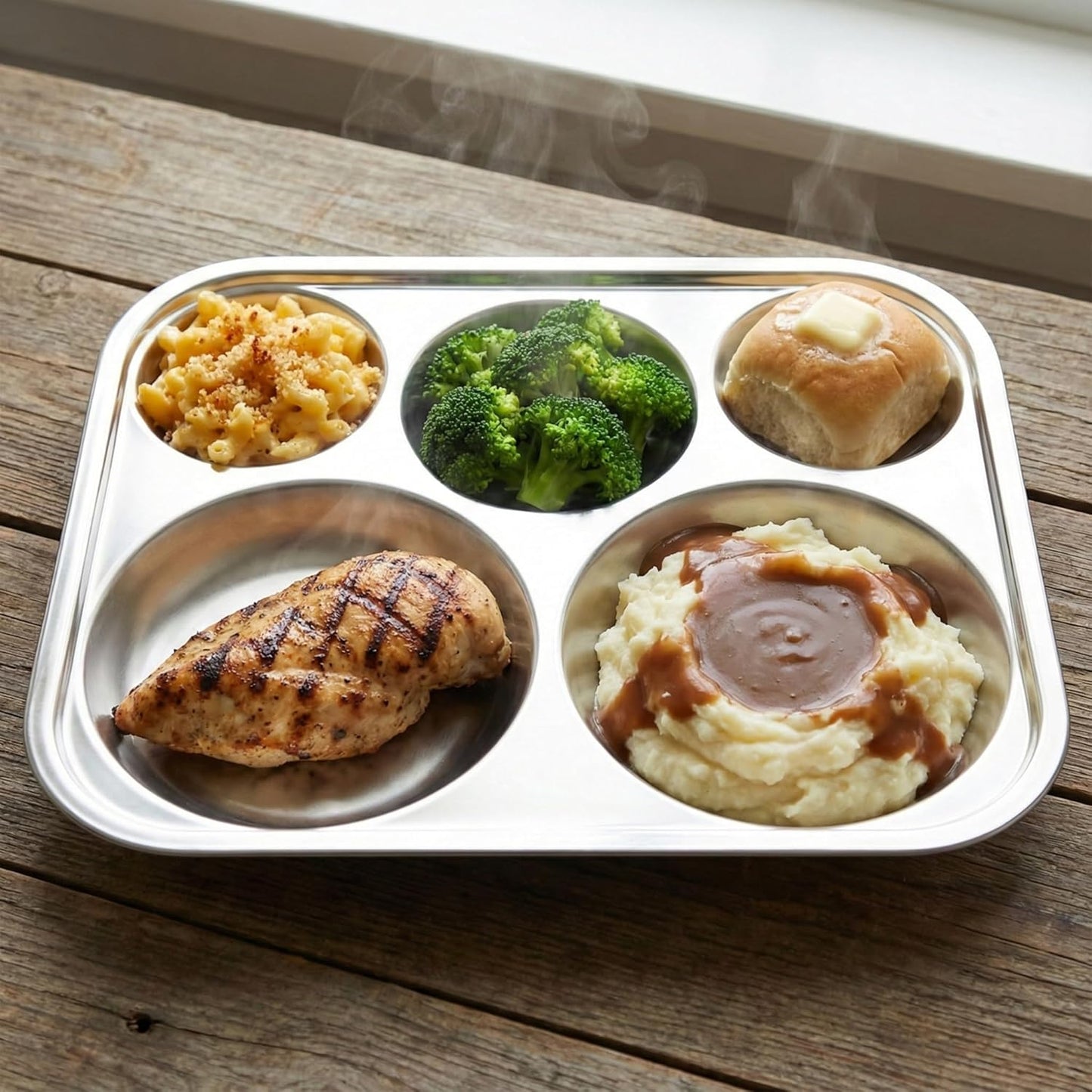 Korean Stainless Steel Divided Plates for Adults, Teens, Premium 304, Electro-Polished, No Black Residue, BPA-Free, Large 5-Compartment Food Tray, Diet Portion Control, Camping, Set of 2