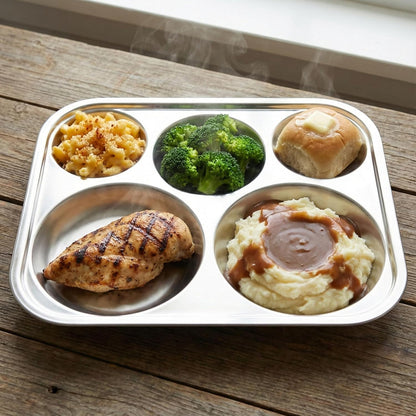 Korean Stainless Steel Divided Plates for Adults, Teens, Premium 304, Electro-Polished, No Black Residue, BPA-Free, Large 5-Compartment Food Tray, Diet Portion Control, Camping, Set of 2
