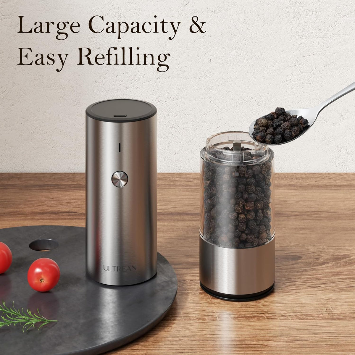 Ultrean Electric Salt and Pepper Grinder Set, Rechargeable,Matte Black