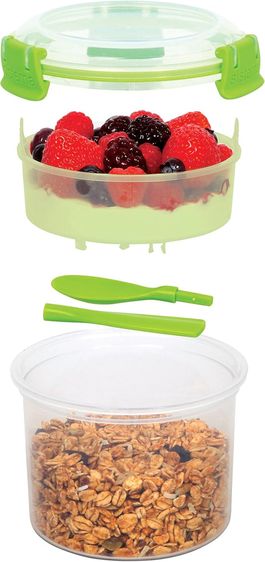 Sistema Breakfast TO GO | Food Storage Container with Compartments & Spoon | 530ml. | BPA-Free | Assorted colors [21355-53C]