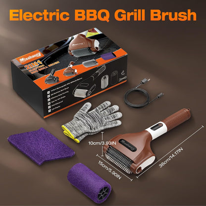 Misshappy Electric BBQ Grill Brush - 4000mAh Cordless BBQ Grill Cleaner 2 Speed - 800RPM Bristle Free Electric Grill Cleaner for Outdoor Grill Rechargeable with Scraper/LED Light/LED Display (Brown)