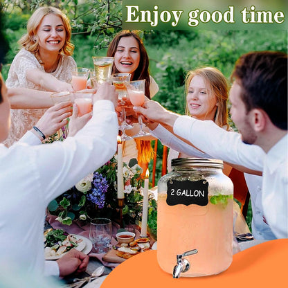 2 Gallon Drink Dispenser with 18/8 Stainless Steel Spigot, Sun Tea Glass Mason Jar for Outside, Iced Lemonade Beverage Dispenser with Fruit Infuser, Large Water Juice Jug, Punch Dispenser for Parties