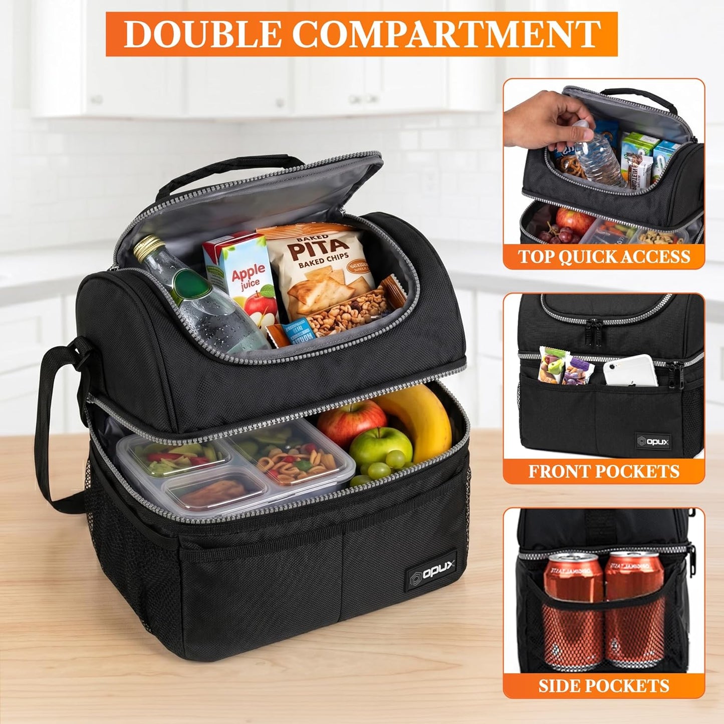 opux Insulated Lunch Bag for Men Women, Double Decker Leakproof Lunch Box Cooler Tote with Shoulder Strap, Large Lunchbox for Work School Travel Meal Prep, Adults Kids Boys Girls, Green, 16 Cans