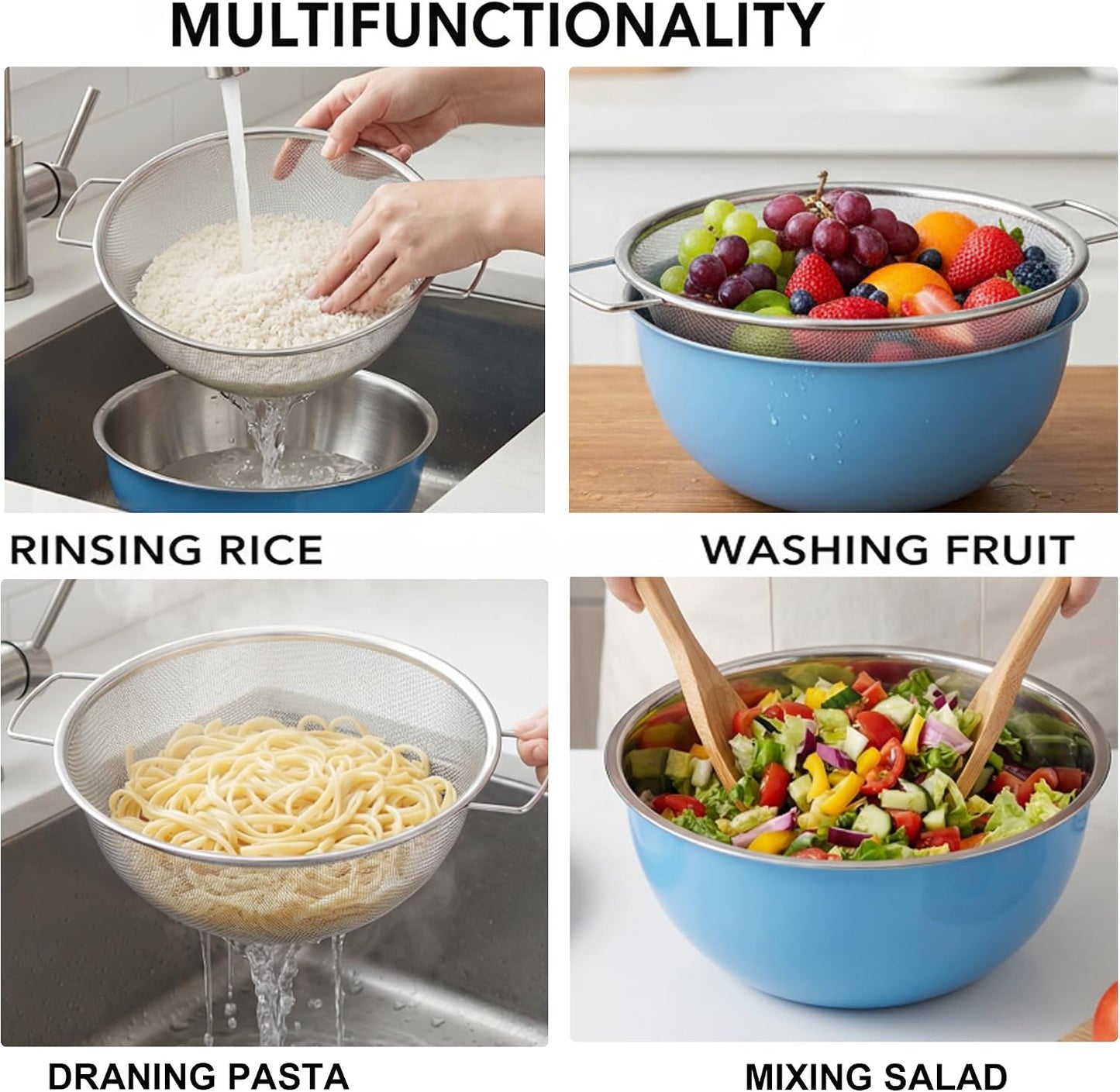304 Stainless Steel Colander Set, 1.5QT Colander with Bowl, 30-Mesh Micro Perforated Strainer for Rice, Quinoa, Pasta, Fruits & Vegetables,2 pack