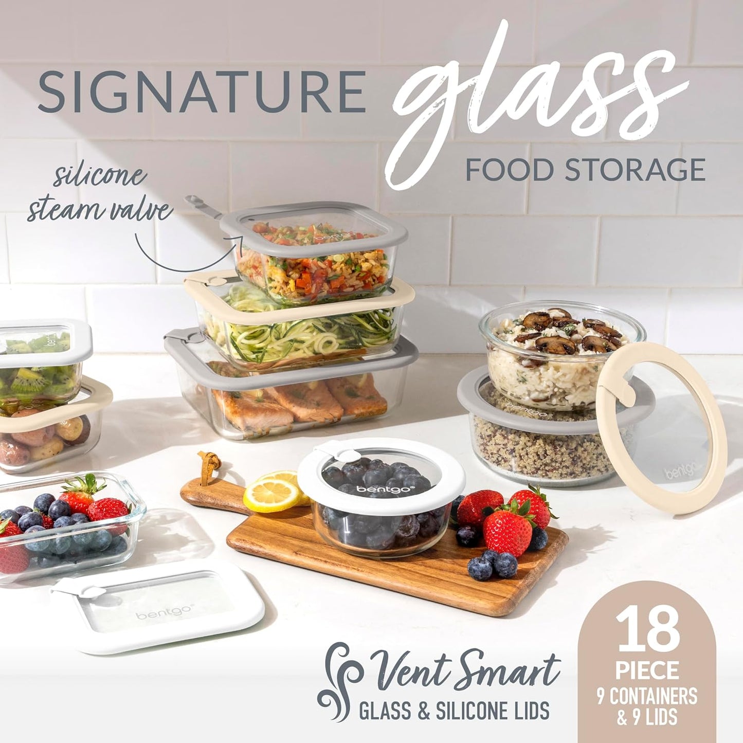 Bentgo Signature Leak-Proof Glass Food Storage - 18-Piece Set, 1-Compartment Plastic-Free Containers with Airtight Glass Lids, BPA-Free, Microwave, Freezer, Oven & Dishwasher Safe (Desert Sage)