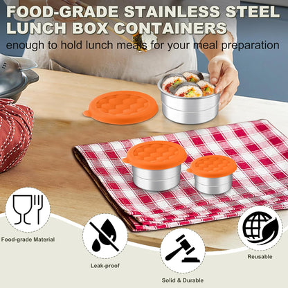 HaWare Stainless Steel Food Storage Containers with Silicone Lids, Leak-Proof Metal Snack Container, Round Lunch Box for Kids Adults, Stackable & Reusable Meal Prep Containers, Set of 3, Multicolor