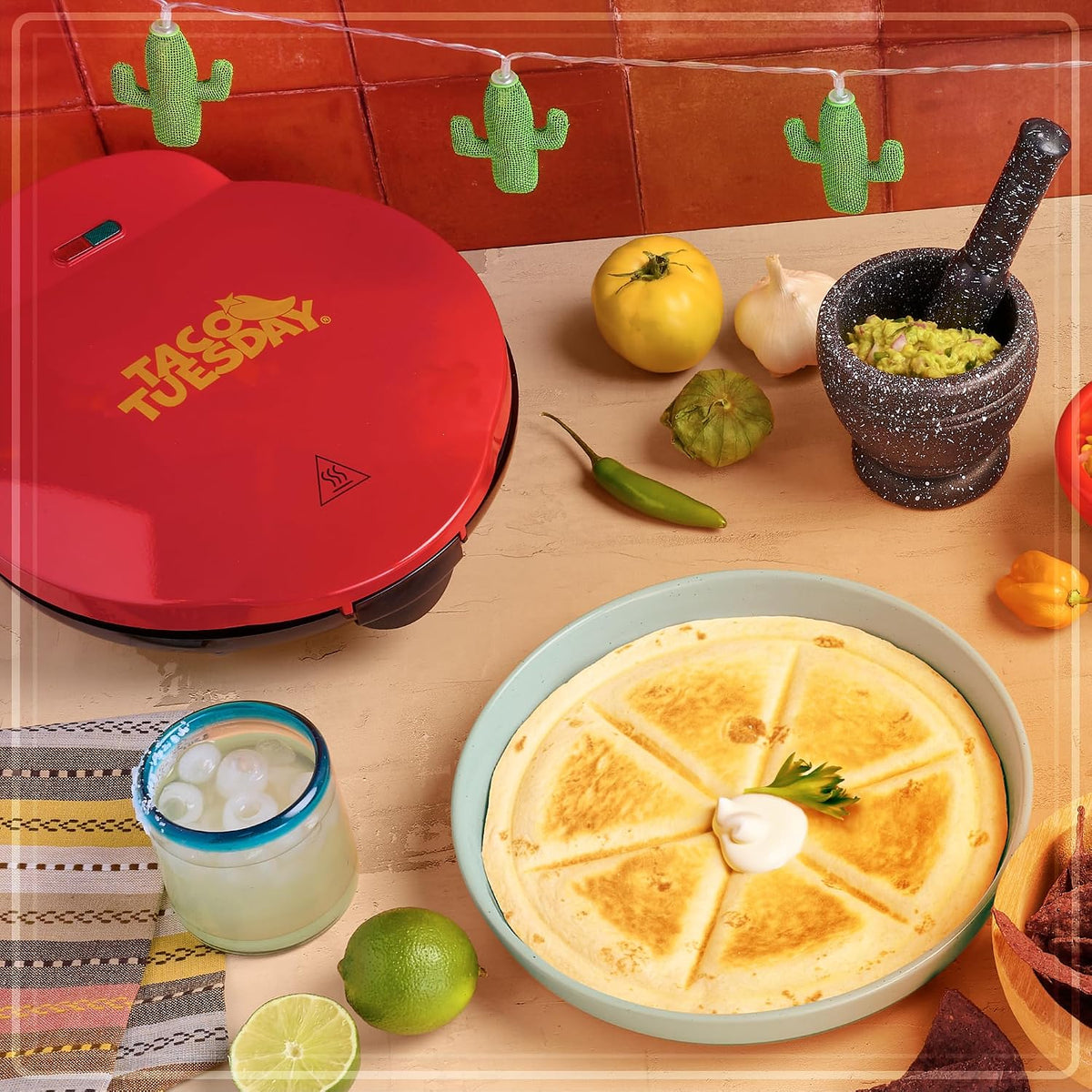 Taco Tuesday Deluxe 8-Inch 6-Wedge Electric Quesadilla Maker with Extra Stuffing Latch, Red