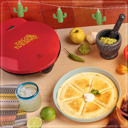 Taco Tuesday Deluxe 8-Inch 6-Wedge Electric Quesadilla Maker with Extra Stuffing Latch, Red