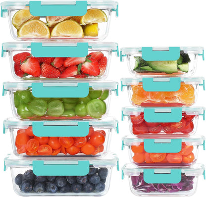 KOMUEE 10 Pack Glass Food Storage Containers, Meal Prep Containers with Lids, Airtight Glass Lunch Boxes, Freezer, Oven, and Microwave Safe, Pink