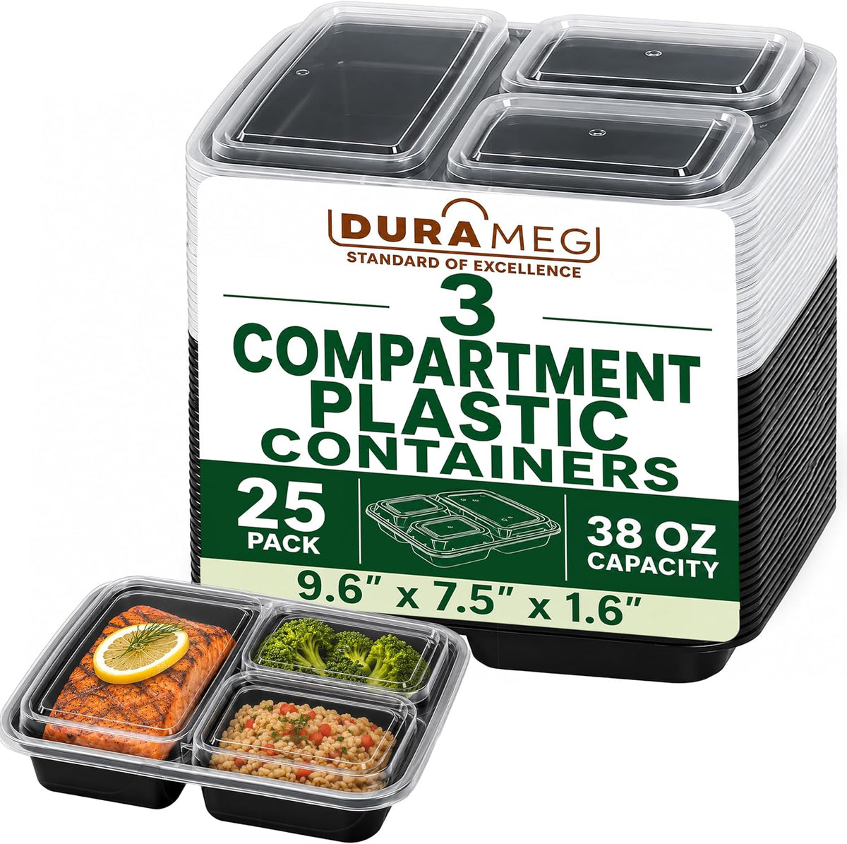 3 Compartment Food Containers with Lids, 25 Pack, 38 Oz Take Out Containers, Reusable Meal Prep Containers, Microwave Safe Lunch Boxes, Food Storage Containers for Catering, Restaurant & To Go Meals