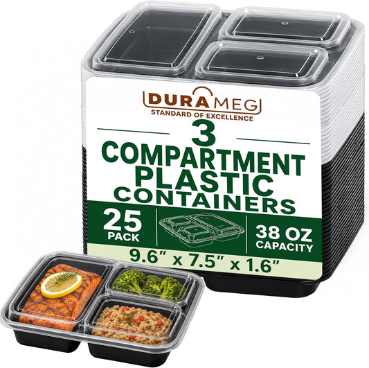 3 Compartment Food Containers with Lids, 25 Pack, 38 Oz Take Out Containers, Reusable Meal Prep Containers, Microwave Safe Lunch Boxes, Food Storage Containers for Catering, Restaurant & To Go Meals