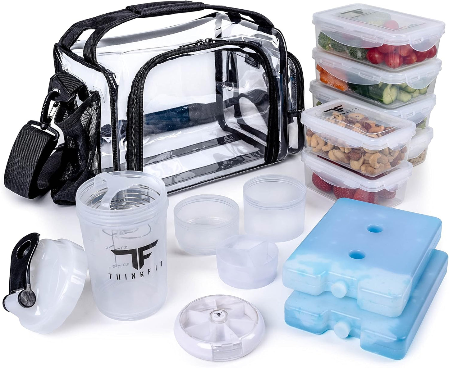 ThinkFit Insulated Meal Prep Lunch Box with 6 BPA-Free, Reusable, Microwavable, Freezer Safe Food Portion-Control Containers, Shaker Cup, Pill Organizer, Lunch Bag with Storage Pocket - (Black)