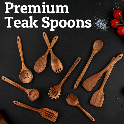 PriorityChef Wooden Slotted Spoon - Premium Teak Cooking Utensil for Frying, Straining & Serving - Long Handle Kitchen Spoon for Nonstick Cookware - Handcrafted Durable Wood