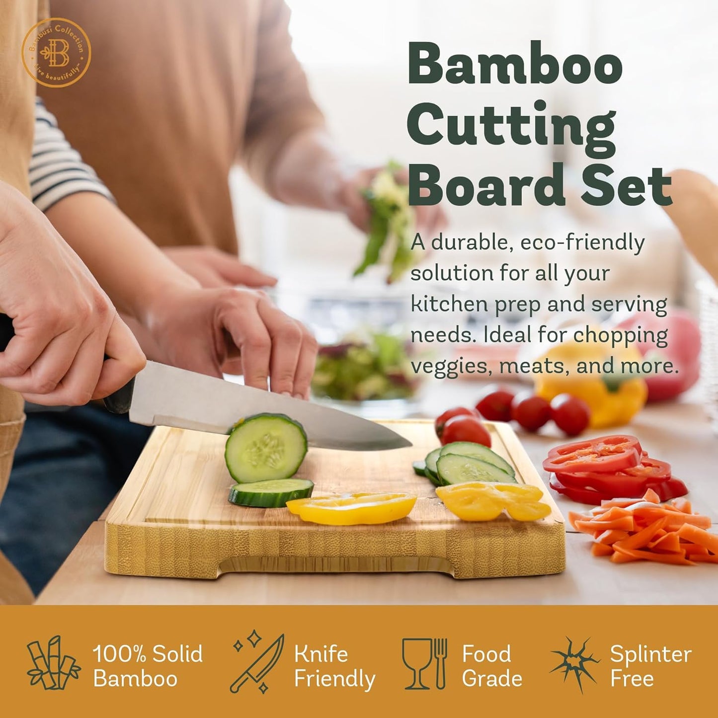 Bamboo Cutting Board Set of 4, Large Cutting Boards for Kitchen, Wood Cutting Board with Juice Groove Side Handles, Wooden Cutting Board for Kitchen, Meat Chopping Board Meal Prep, Serving Charcuterie