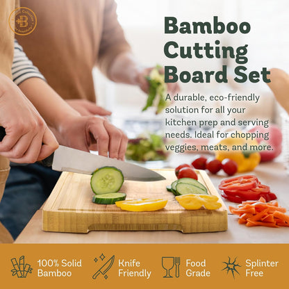 Bamboo Cutting Board Set of 4, Large Cutting Boards for Kitchen, Wood Cutting Board with Juice Groove Side Handles, Wooden Cutting Board for Kitchen, Meat Chopping Board Meal Prep, Serving Charcuterie