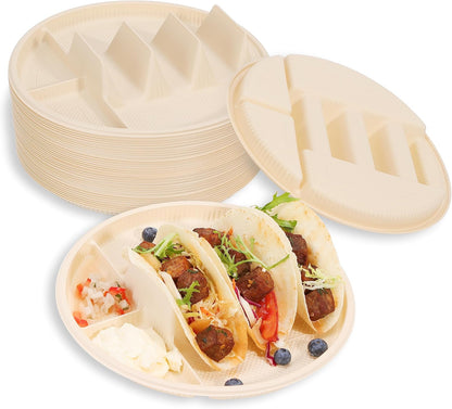 Small Disposable Taco Plates With Dipping Sides - 50 Pack, Biodegradable Cornstarch Taco Holder, Mini Size Fit 4-6 Inch Street Tortilla Shells, Sturdy & Microwave Safe, Bar Serving Set For A Party