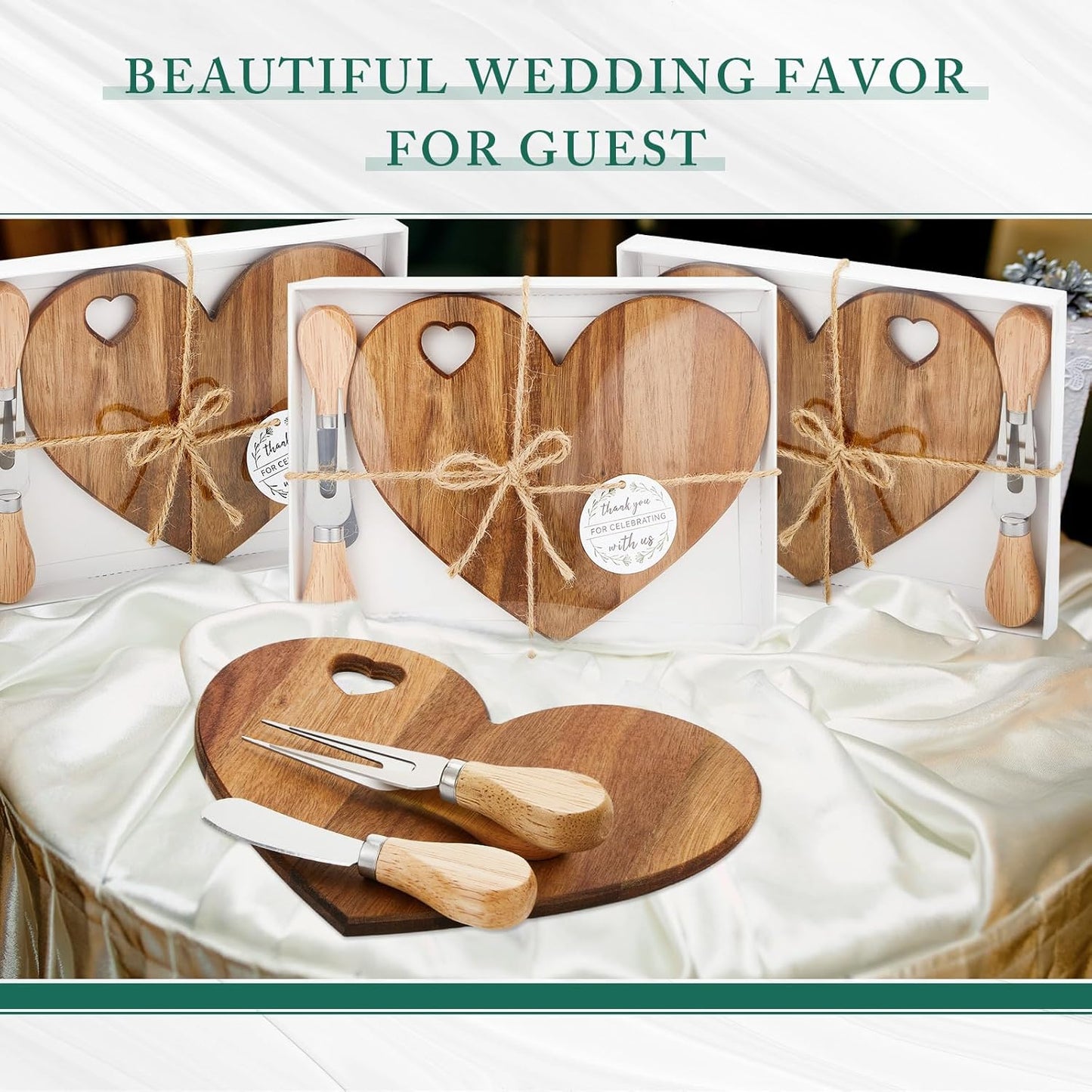Patelai 24 Set Bridal Baby Shower Favor Heart Cheese Board with Knife, Wood Mini Charcuterie Board Thank You Gift Box for Guest Bridal Baby Shower Prize Wedding Valentines Birthday (Bamboo Color)