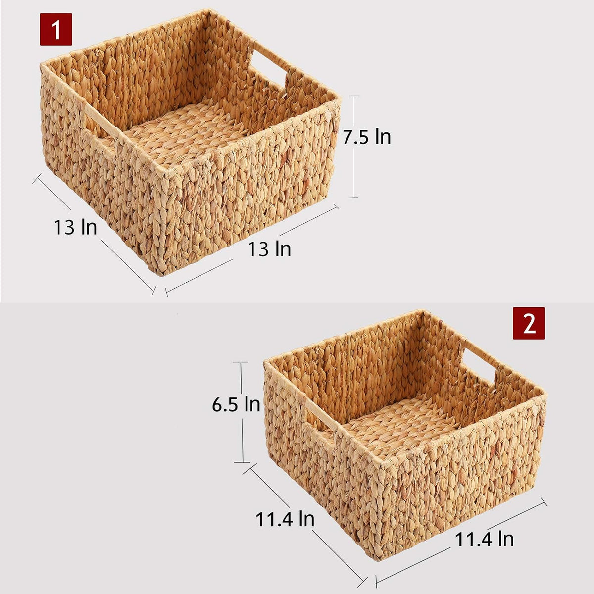 HOONEX Water Hyacinth Storage Baskets, Wicker Baskets for Storage, Hand Woven Baskets with Carry Handles, Set of 2, Natural