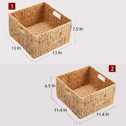 HOONEX Water Hyacinth Storage Baskets, Wicker Baskets for Storage, Hand Woven Baskets with Carry Handles, Set of 2, Natural