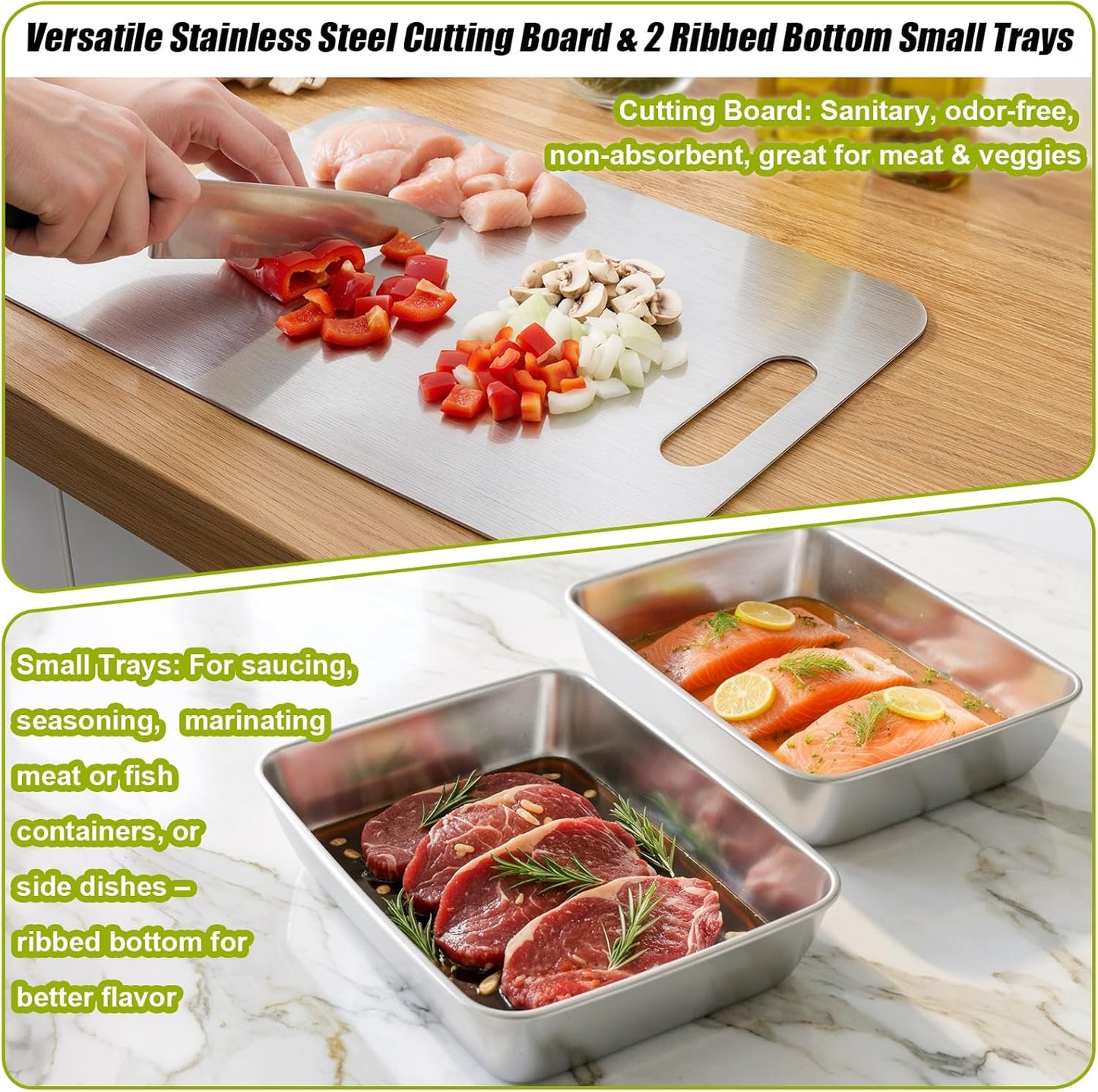 7-IN-1 Grill Prep Tray & Carry System – Large Stainless Steel Meat Marinating Container with Lid, Cutting Board, Grill Accessories, Outdoor Grilling Prep & Serve Set, BBQ Gifts for Father's Day Men