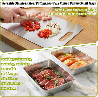 7-IN-1 Grill Prep Tray & Carry System – Large Stainless Steel Meat Marinating Container with Lid, Cutting Board, Grill Accessories, Outdoor Grilling Prep & Serve Set, BBQ Gifts for Father's Day Men