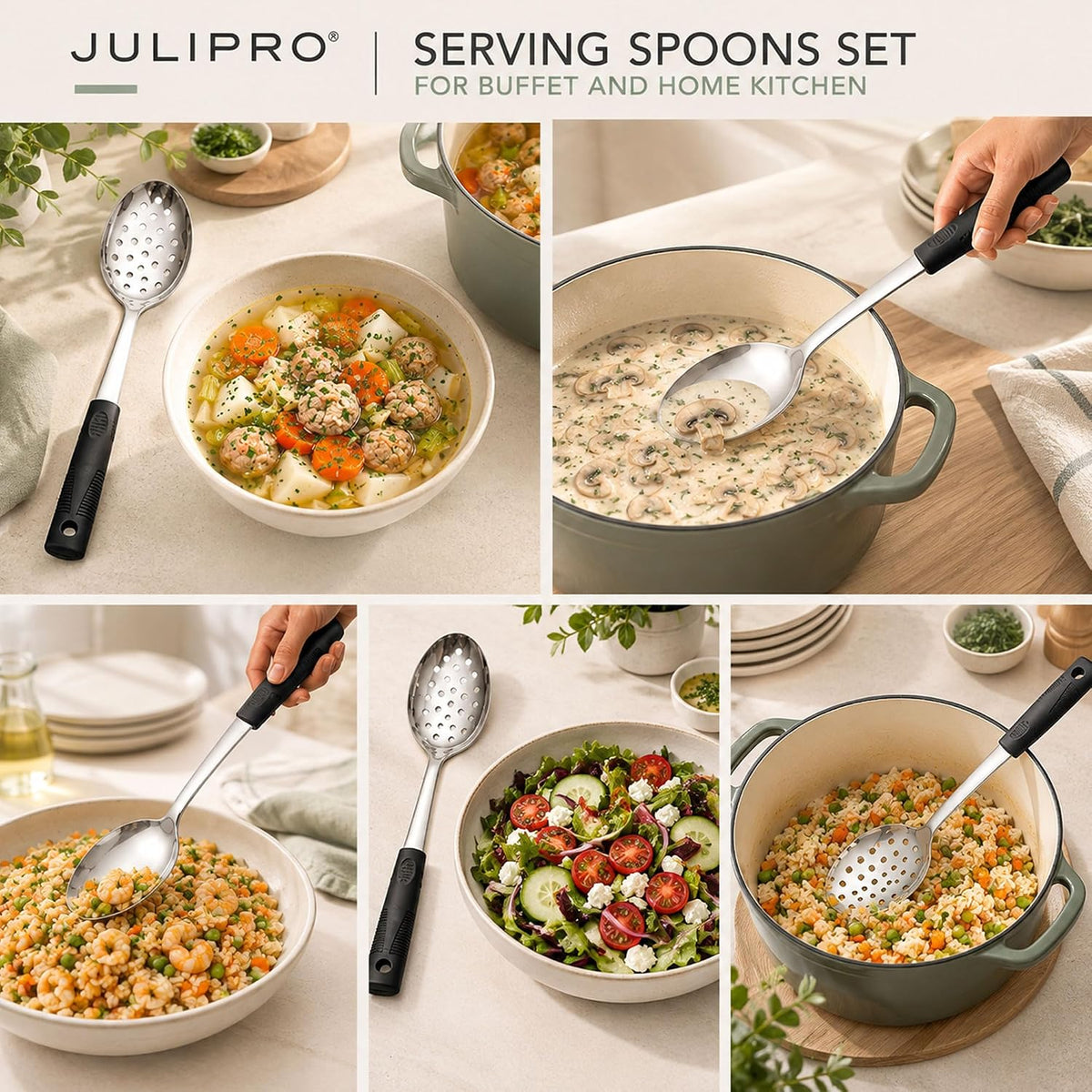 2-Piece Serving Spoons, 11-Inch, Solid & Slotted, Platinum Silicone
